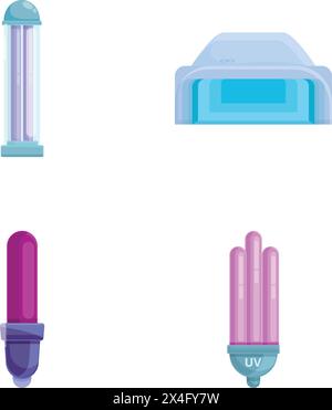 Ultraviolet lamp icons set cartoon vector. Various luminous lamp with uv ray. Device with ultraviolet light Stock Vektor