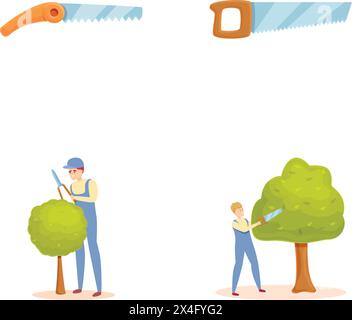 Gärtner Arbeit Symbole setzen Cartoon Vektor. Professioneller Gärtner mit verschiedenen Werkzeugen. Gartengestaltung im Hinterhof Stock Vektor