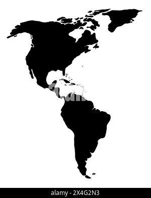 Schwarze Silhouette von Süd- und Nordamerika auf weißem Hintergrund. Illustration der Weltkarte mit den amerikanischen Kontinenten. Stockfoto