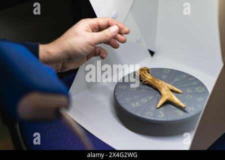 Vorbereitung eines 3D-Scanners für ein Objekt, Bearbeitung der Datei auf einem Computer und Drucken auf einem 3D-Drucker Stockfoto