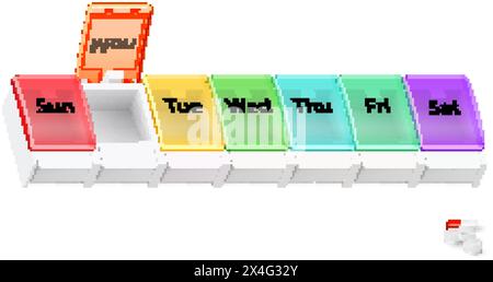 Illustration von Kunststoff Apotheke Organisator für Pillen für jeden Tag der Woche auf weiß. Ein wöchentlicher Medikamentenspender wurde am Montag eröffnet Stock Vektor