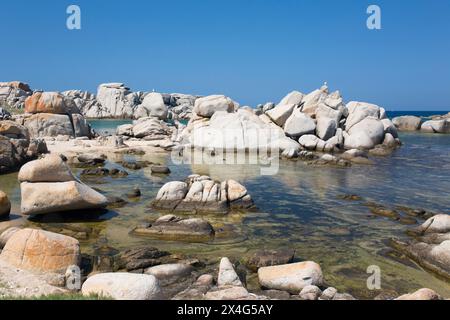 Naturschutzgebiet Lavezzi-Inseln, Corse-du-Sud, Korsika, Frankreich. Blick über das klare, flache Wasser der Cala della Chiesa, Insel Lavezzu. Stockfoto