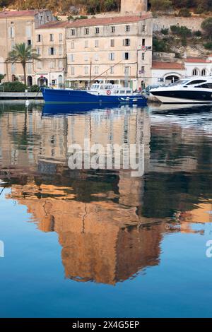 Bonifacio, Corse-du-Sud, Korsika, Frankreich. Blick über den Hafen bei Sonnenaufgang, die Bastion de l'Etendard spiegelt sich im stillen Wasser. Stockfoto
