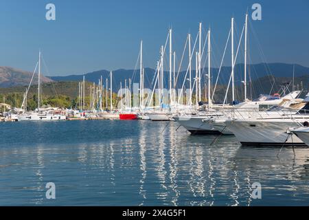 Saint-Florent, Haute-Corse, Korsika, Frankreich. Blick über den geschäftigen Yachthafen, Abend, Yachten und Masten spiegeln sich im stillen Wasser. Stockfoto