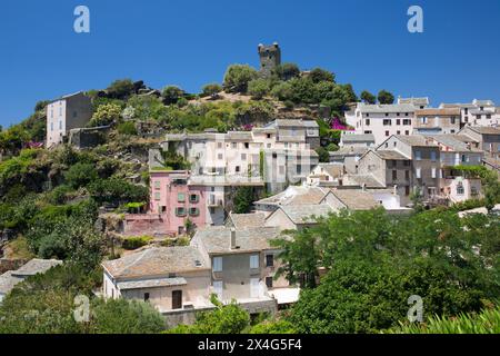 Nonza, Haute-Corse, Korsika, Frankreich. Blick auf die Dächer des Dorfes vom Hügel aus, Häuser, die sich an einem steilen Hang unterhalb des Aussichtsturms auf den Klippen hängen. Stockfoto