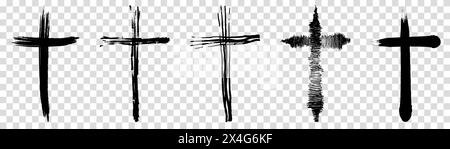 Symbolsatz mit Pinsel gemaltes Kreuz. Vektorabbildung isoliert auf transparentem Hintergrund Stock Vektor