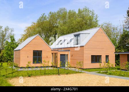 Freistehendes modernes, mit Lärchen verkleidetes Neubauhaus mit Steh-Metalldach in ländlicher Umgebung. Suffolk. UK. Stockfoto