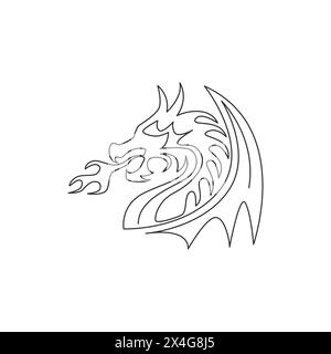 Einzelne durchgehende Linienzeichnung von fiktiven Monstern Drachen für die traditionelle chinesische Logoidentität. Magische Legenden-Kreatur-Maskottchen-Konzept für den Kampf Stock Vektor