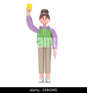 3D-Illustration eines asiatischen Mädchens Renae mit gelber Karte.3D-Rendering auf weißem Hintergrund. Stockfoto