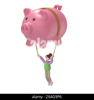 Flaches 3D-Konzept für isometrische finanzielle Freiheit Web-Infografiken 3D-Illustration. 3D-Illustration eines asiatischen Mädchens Renae, das Schweinebank aufbläst. Cr Stockfoto