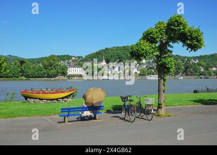 Blick von Kripp über den Rhein nach Linz am Rhein, Rheinland-Pfalz, Deutschland Stockfoto