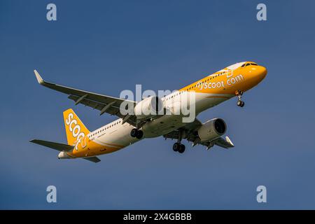 Scoot, Airbus A321neo, 9V-NCE, bei Endanflug zum Flughafen Singapur Changi Stockfoto