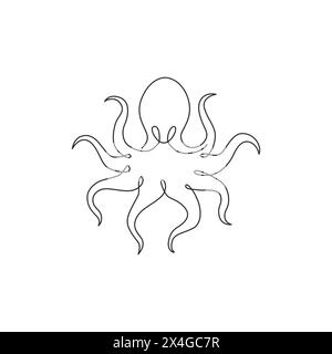Eine durchgehende Linienzeichnung mit mysteriösem Kraken für das Logo des Fischrestaurants. Ocean Animal Mascot Konzept für japanische Sushi Fast Food-Ikone. Stock Vektor