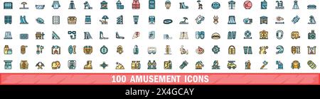 100 Spielsymbole. Farblinie Satz von Vergnügungsvektorsymbolen dünne Linie Farbe flach auf weiß Stock Vektor