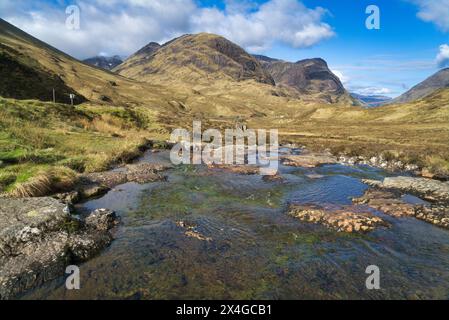 Blick nach Westen über den Fluss Coe auf den Parkplatz an der A82 am östlichen Ende von Glencoe. In der Nähe von Fort William, Schottland, Großbritannien Stockfoto