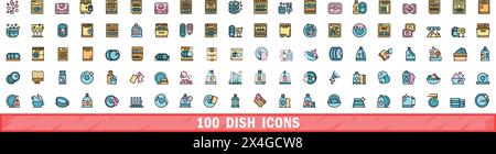 100 Symbole für Schalen eingestellt. Farblinie Satz von Schalenvektorsymbolen dünne Linie Farbe flach auf weiß Stock Vektor