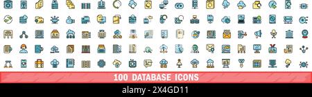 100 Datenbanksymbole festgelegt. Farblinie Satz von Datenbankvektorsymbolen dünne Linie Farbe flach auf weiß Stock Vektor