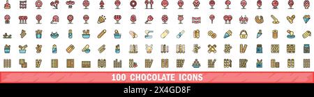 100 Schokoladensymbole. Farblinie Satz von Schokoladenvektorsymbolen dünne Linie Farbe flach auf weiß Stock Vektor