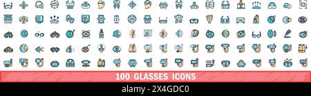 100 Brillensymbole gesetzt. Farblinie Satz von Brillenvektorsymbolen dünne Linie Farbe flach auf weiß Stock Vektor
