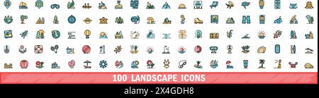 100 Symbole im Querformat eingestellt. Farblinie Satz von Vektorsymbolen im Querformat dünne Linie Farbe flach auf weiß Stock Vektor