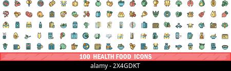 100 Symbole für Gesundheit Lebensmittel eingestellt. Farblinie Satz von Gesundheits-Lebensmittel-Vektor-Symbole dünne Linie Farbe flach auf weiß Stock Vektor