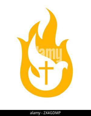 Heilige Geisttaube-Logo. Pfingstsonntag-Banner mit Taube in Flamme und Kreuz-Symbol. Vektorabbildung Stock Vektor