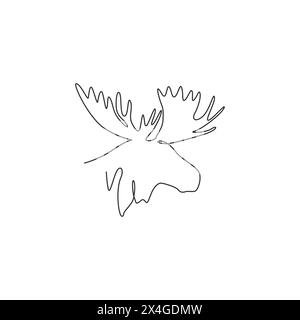 Einzelne durchgehende Linienzeichnung aus robustem Elchkopf für Logo-Identität. Buck-Tiermaskottchen-Konzept für die Ikone des Nationalzoo. Einzeiliges grafisches Design Stock Vektor