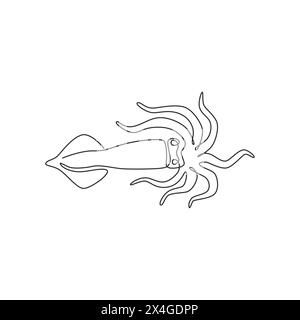 Eine durchgehende Linienzeichnung mit süßem Tintenfisch für Meeresfrüchte-Logo. Meerescuttlefish-Maskottchen-Konzept für ein chinesisches Restaurant. Moderne Einzeilen-dra Stock Vektor