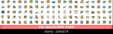 100 Symbole für Gesundheit Lebensmittel eingestellt. Farblinie Satz von Gesundheits-Lebensmittel-Vektor-Symbole dünne Linie Farbe flach auf weiß Stock Vektor