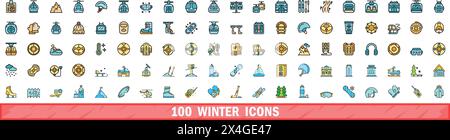 100 Symbole für den Winter. Farblinie Satz von Wintervektorsymbolen dünne Linie Farbe flach auf weiß Stock Vektor