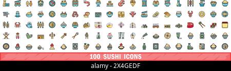 100 Sushi-Symbole eingestellt. Farblinie Satz von Sushi-Vektorsymbolen dünne Linie Farbe flach auf weiß Stock Vektor