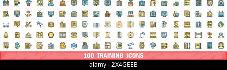 100 Schulungssymbole festgelegt. Farblinie Satz von Schulungsvektorsymbolen dünne Linie Farbe flach auf weiß Stock Vektor