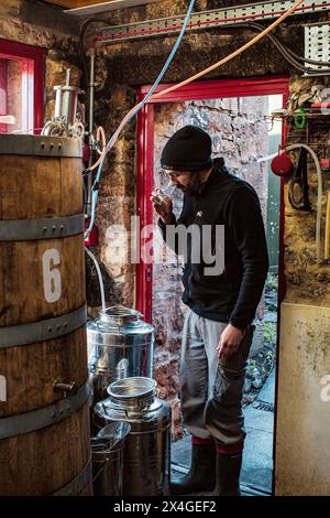 Der Meister der Destillerie Dornoch produziert und verkostet den Gin in der Mikrodestillerie in Schottland . Stockfoto