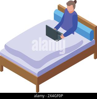 Frau, die im Bett arbeitet, Isometrischer Vektor. Notebook kreativ. Komfort in der Ruhe Stock Vektor