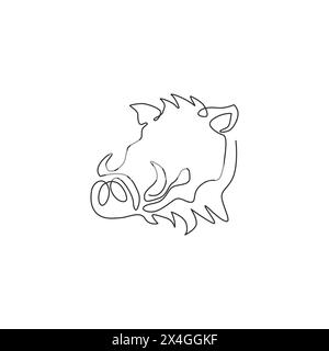 Einzeilige Zeichnung eines rücksichtslosen, gewöhnlichen Warzenschweinkopfes für Firmenlogos. Grassland Africa Pig Maskottchen Konzept für National Zoo Ikone. Modern c Stock Vektor