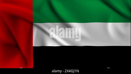 Die Flagge der Vereinigten Arabischen Emirate, die den Rahmen bedeckt, winkt im Wind. Flagge der Vereinigten Arabischen Emirate Stockfoto