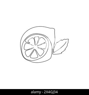 Einzelne durchgehende Linienzeichnung von ganzen und in Scheiben geschnittenen gesunden Bio-Zitrone für Obstgarten Logo Identität. Frisches Fruchtschalen-Konzept für die Ikone des Obstgartens. Stock Vektor