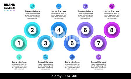 Infografik-Vorlage mit Symbolen und 8 Optionen oder Schritten. Verbundene Kreise. Kann für Workflow-Layout, Diagramm, Banner und Webdesign verwendet werden. Vektorillustr Stock Vektor