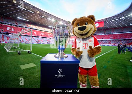 München, Deutschland. April 2024 30. FCB Maskottchen Bernie, Maskottchen, mit Champions-League-Pokal, Trophäe, Pott, Zeremonie, im Halbfinalspiel FC BAYERN MÜNCHEN - REAL MADRID 2-2 Fußball UEFA Champions League in der Saison 2023/2024 in München, 30. April 2024. Halbfinale, FCB, München Fotograf: ddp Images/STAR-Images Credit: ddp Media GmbH/Alamy Live News Stockfoto