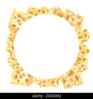 Rundrahmen mit KäseAquarell. Handgezeichnete Lebensmittelillustration mit für Produktverpackung, Menü, Restaurant-Design. Isoliert auf weißem Hintergrund. Stockfoto