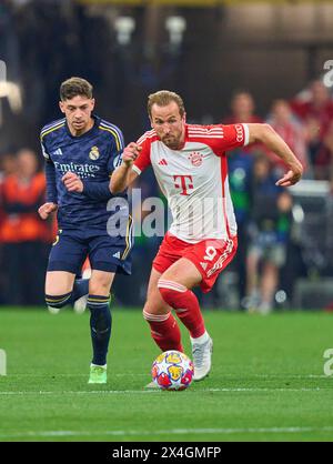 Harry Kane, FCB 9 tritt um den Ball an, Tackling, Duell, Header, zweikampf, Action, Kampf gegen Federico VALVERDE, Real Madrid 15 im Halbfinalspiel FC BAYERN MÜNCHEN - REAL MADRID 2-2 Fußball UEFA Champions League in der Saison 2023/2024 in München, 30. April 2024. Halbfinale, FCB, München Fotograf: ddp-Bilder / Sternbilder Stockfoto