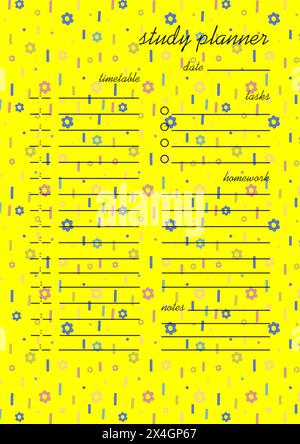 Design für Lernplaner für Kinder in hellen Farben. Arbeitsblatt-Designvorlage mit florierendem Hintergrund. Leeres druckbares Blatt zur Zieleinstellung. Zeitmanager Stock Vektor