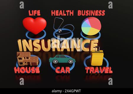 Große VERSICHERUNG MIT gelbem Text, rotes Herz, blaues Stethoskop, Business Tortendiagramm, Einfamilienhaus, grünes Auto und gelbes Gepäck auf schwarzem Hintergrund Stockfoto