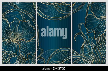 Elegante, prestigeträchtige Art déco-Hintergrundschablone mit Blumen. Das luxuriöse Design ist ein Art déco-Motiv mit blauen und goldenen Farben. Stock Vektor