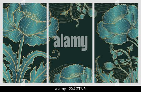 Elegante, prestigeträchtige Art déco-Hintergrundschablone mit Blumen. Das luxuriöse Design ist ein Art déco-Motiv mit grünen und goldenen Farben. Stock Vektor