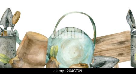 Gartenwerkzeuge in alten Metalleimern, Blumentopf, Gießkanne und Holzschild nahtlos an der Grenze. Banner für Gartengeräte in Aquarellfarben für Blumengeschäft Stockfoto