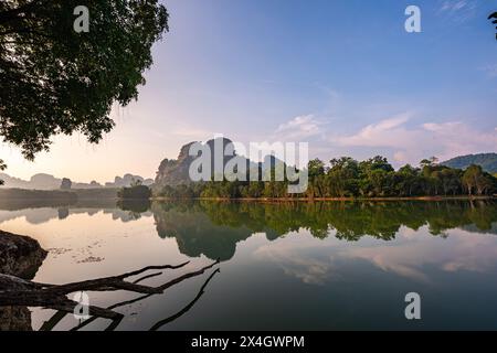 Wunderschöne Atmosphäre am Morgen im Sumpf. Dampf schwimmt auf der Wasseroberfläche mit der Reflexion des Waldes. Querformat mit dem Bild Stockfoto