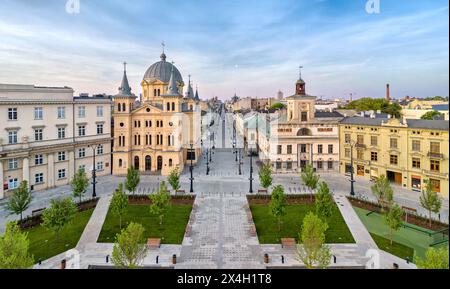 Luftpanorama des Plac Wolnosci (Freiheitsplatz) in Lodz, Polen Stockfoto