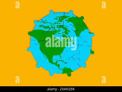 Zahnradförmiges Puzzle, das den grünen nordamerikanischen Kontinent inmitten riesiger Ozeane darstellt. Geografie, Mechanik und globale Konnektivität Stockfoto