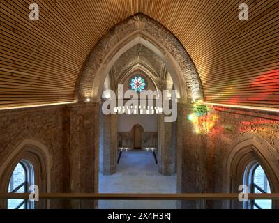 Erhöhte Aussicht von der Galerie mit gewölbter Decke und farbenfrohen Lichtreflexen. Abney Park Chapel, London, Großbritannien. Architekt: Kaner Olette A. Stockfoto